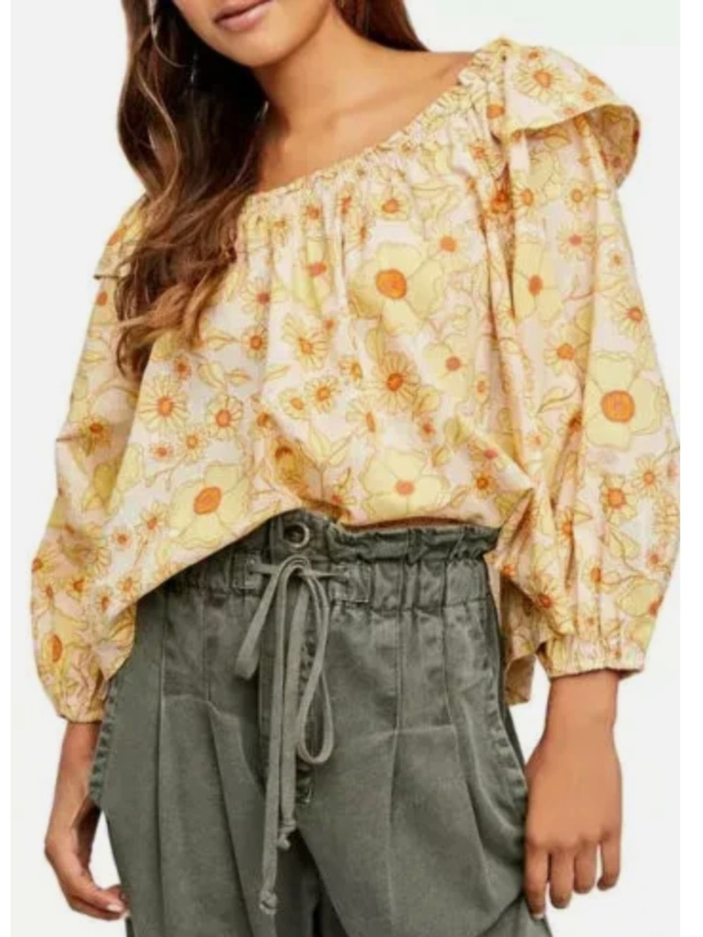 Free People Miss Daisy Floral Off-Shoulder Yellow and Brown Peasant Top Size S